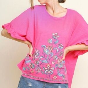 Umgee Hot Pink Top Floral Emnboidery Ruffle Sleeves 100% Cotton BOHO Size S